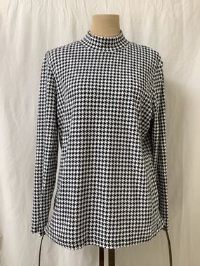Karen Scott Mock Turtleneck Pullover Top Shirt-Black White Houndstooth-XL Reg